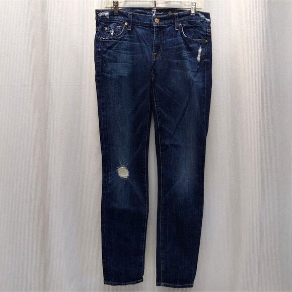7 For All Mankind The Slim Cigarette Dark Wash Denim Jeans Sz 29 Distressed Fit - Picture 1 of 7